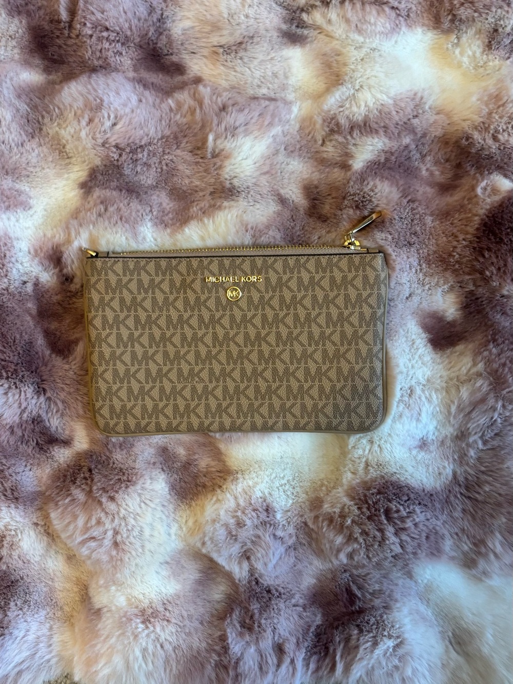 Michael Kors Brown MK Signature Zip Pouch with Gold Hardware